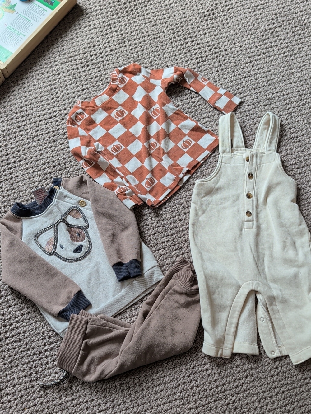 Old Navy Cream Overalls Size 3-6mths, Dog Outfit 6-9 Mths, Pumpkin Shirt 12mths